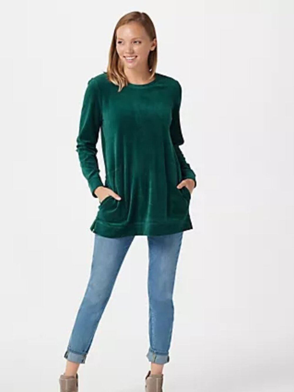 TopDenim & Co. Regular_Velour Long-Sleeve Tunic with Pockets Evergreen 4X NEW